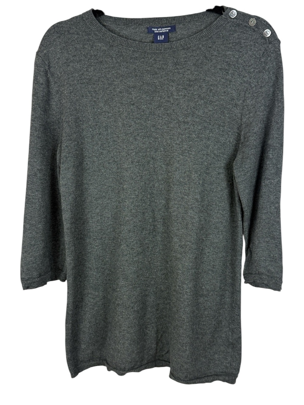 GAP Gray Cotton Cashmere Button Shoulder Knit Sweater 3/4 Sleeve L